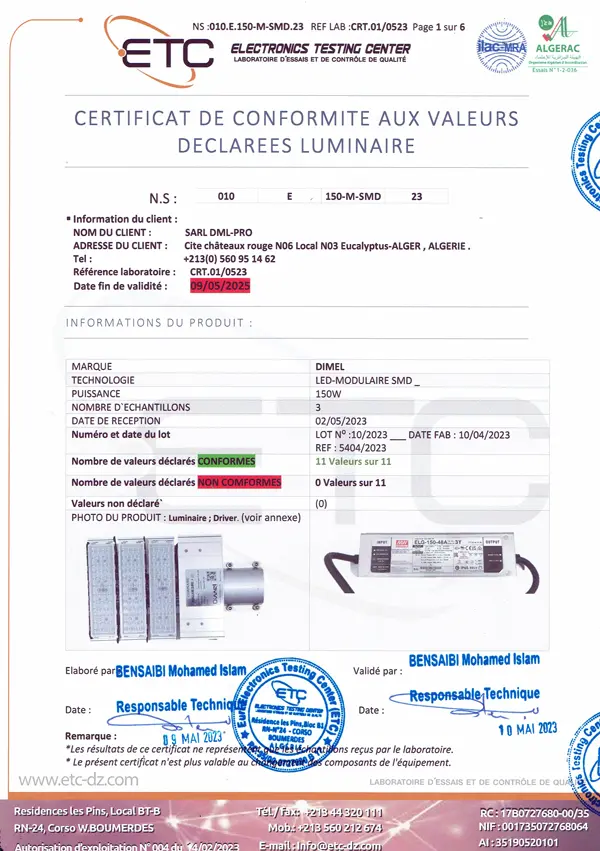 Certificat-de-Conformite-MODULAIRE-DIMEL-A-LED-150W-SMD
